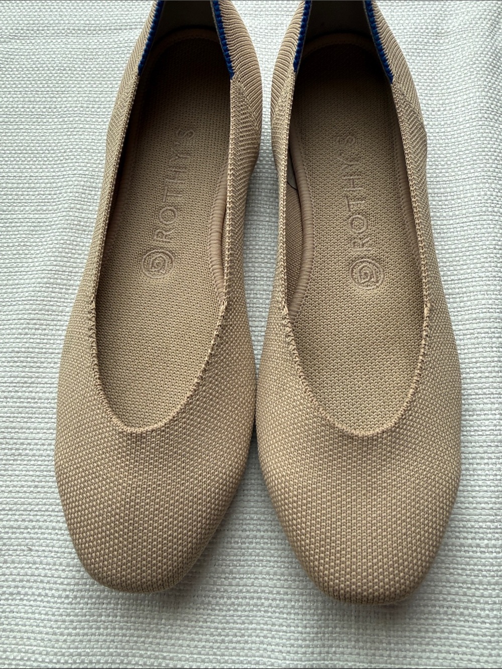Rothy's Beige Knit Pointed Ballet Flats with Blue Trim - Picture 5 of 6